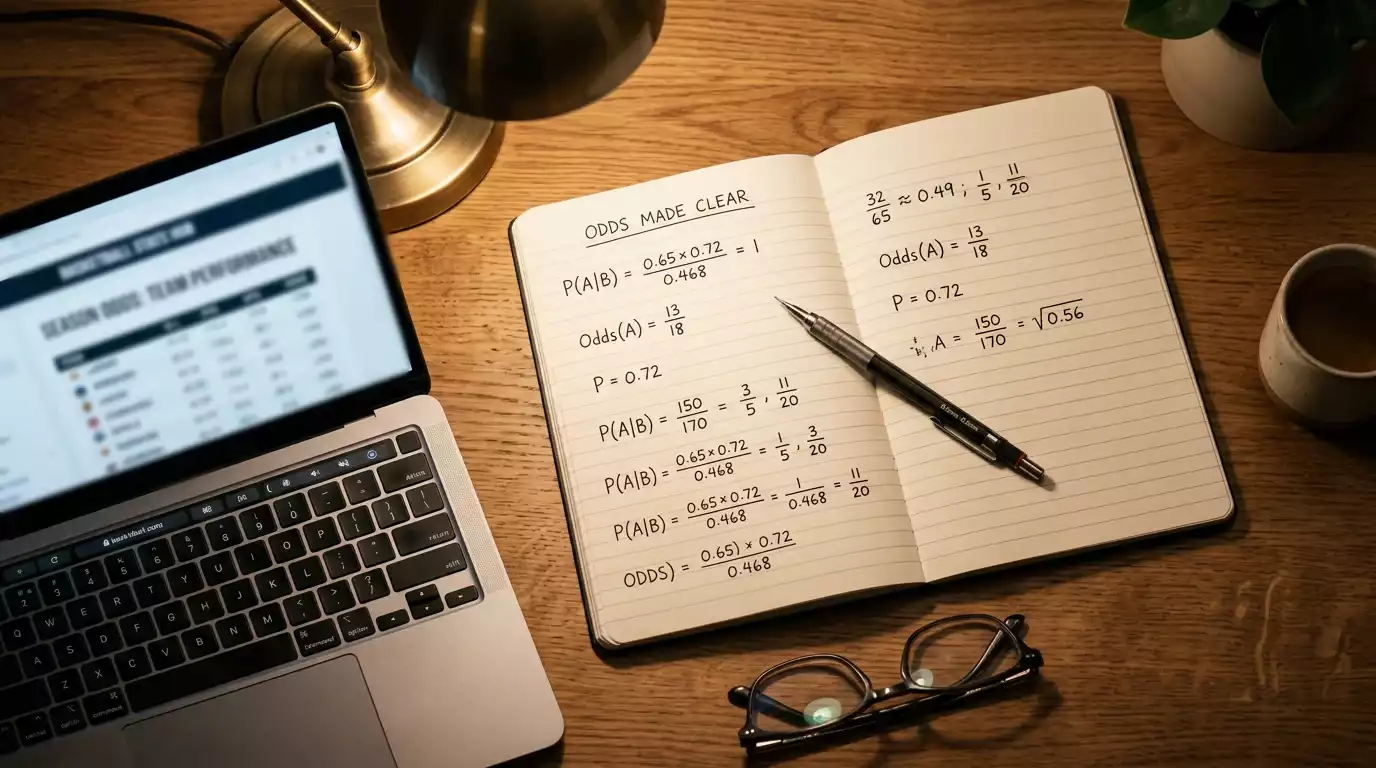 Analyst reviewing NBA odds conversion calculations on a notepad beside a laptop showing basketball statistics