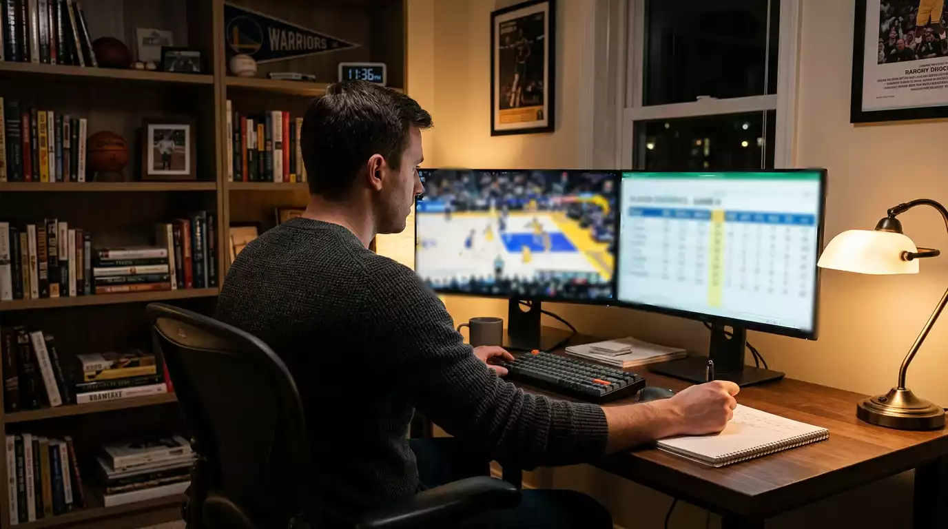 Sports analyst working at a desk with multiple screens showing NBA basketball statistics and matchup data